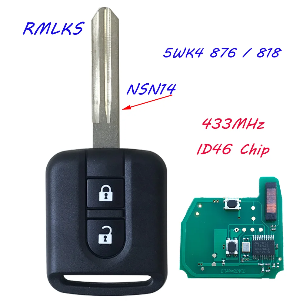 

5WK4 876/ 818 433MHz ID46 Chip Key Fob For Nissan Elgrand X-TRAIL Qashqai Navara Micra Note NV200 2 Button Remote Key