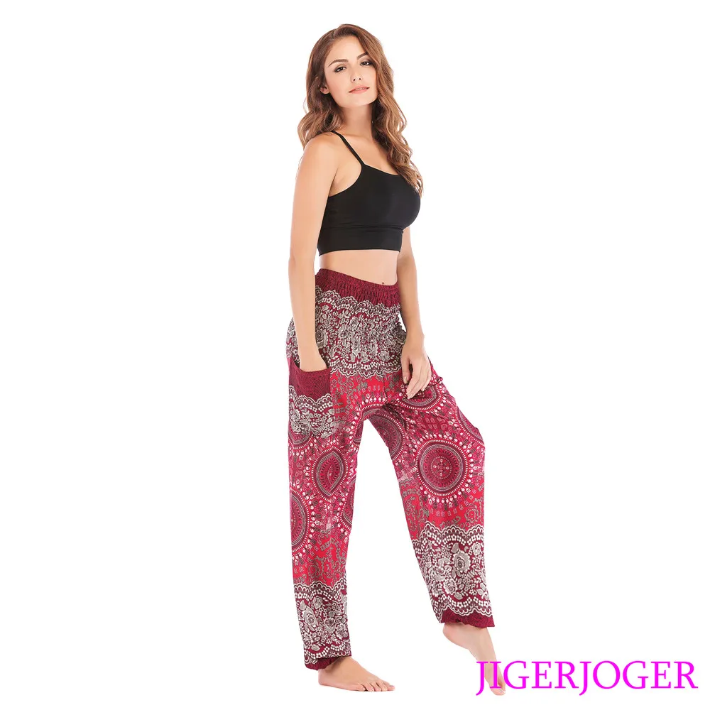 

JIGERJOGER elastic waistband loose yoga leggings Thai Strappy Wine Red Rounds Mandala Harem Pants side pocket free drop shipping