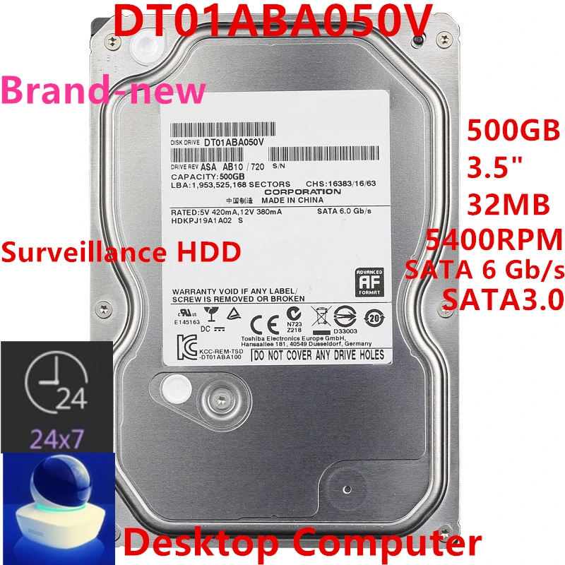 

New Original HDD For Toshiba 500GB 3.5" SATA 6 Gb/s 32MB 5400RPM For Internal HDD For DVR NVR Surveillance HDD For DT01ABA050V
