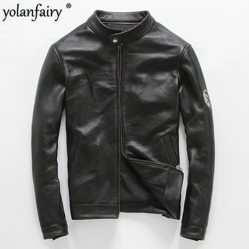 YOLANFAIRY 100% Pure Cow Leather Jacket Men Cuero Genuino Short Slim Motocycle Coat Plus Size Jaquet De Couro 11 MF145 | Мужская одежда