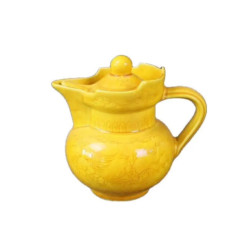 

Jingdezhen porcelain antique yellow glaze Carving Dragon Phoenix pattern teapot wine pot home decoration