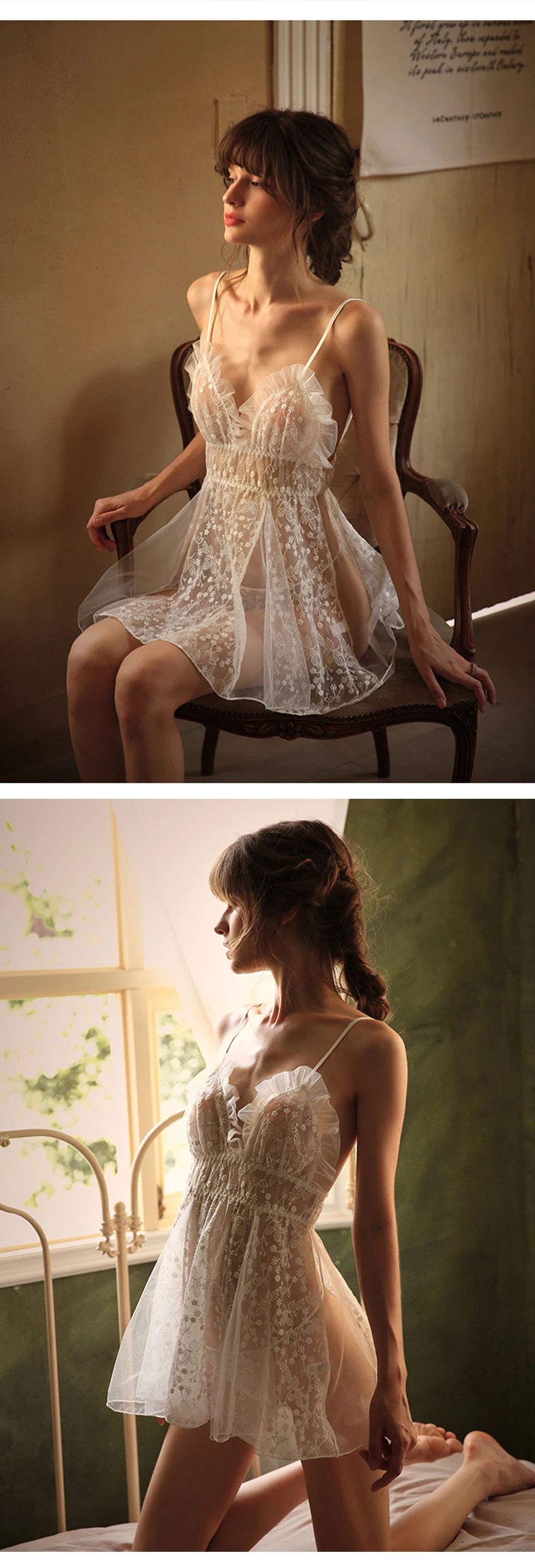 Women's Ruffle Sling Perspective Sexy Nightwear Mesh Embroidery Ultra-Thin Nightdress Backless Home Temptation Female Sleepwear