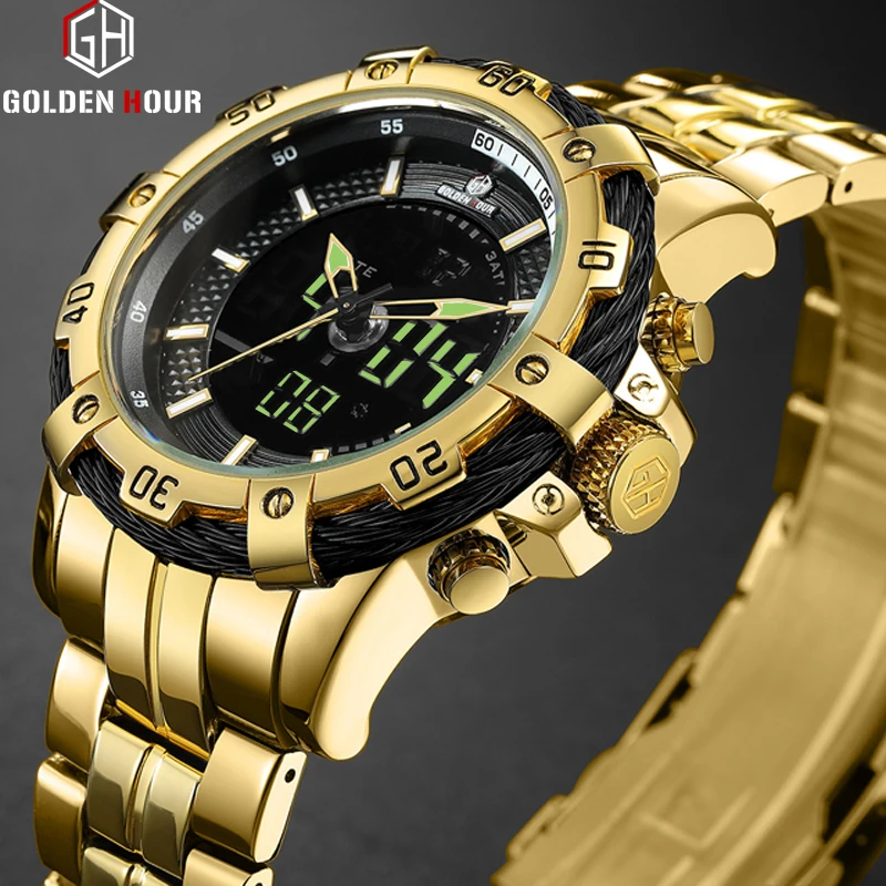 

GOLDENHOUR Men Watch Fashion Luxury Dual Display Quartz Wristwatches Stainless Steel Waterproof Sports Clock Relogio Masculino