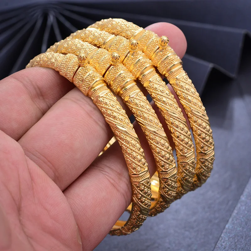 

Wando 24K 4pc queen Copper Bangles Gold color Bangles For Men/Women Flower Jewelry 6cm wide Wedding bracelet gift