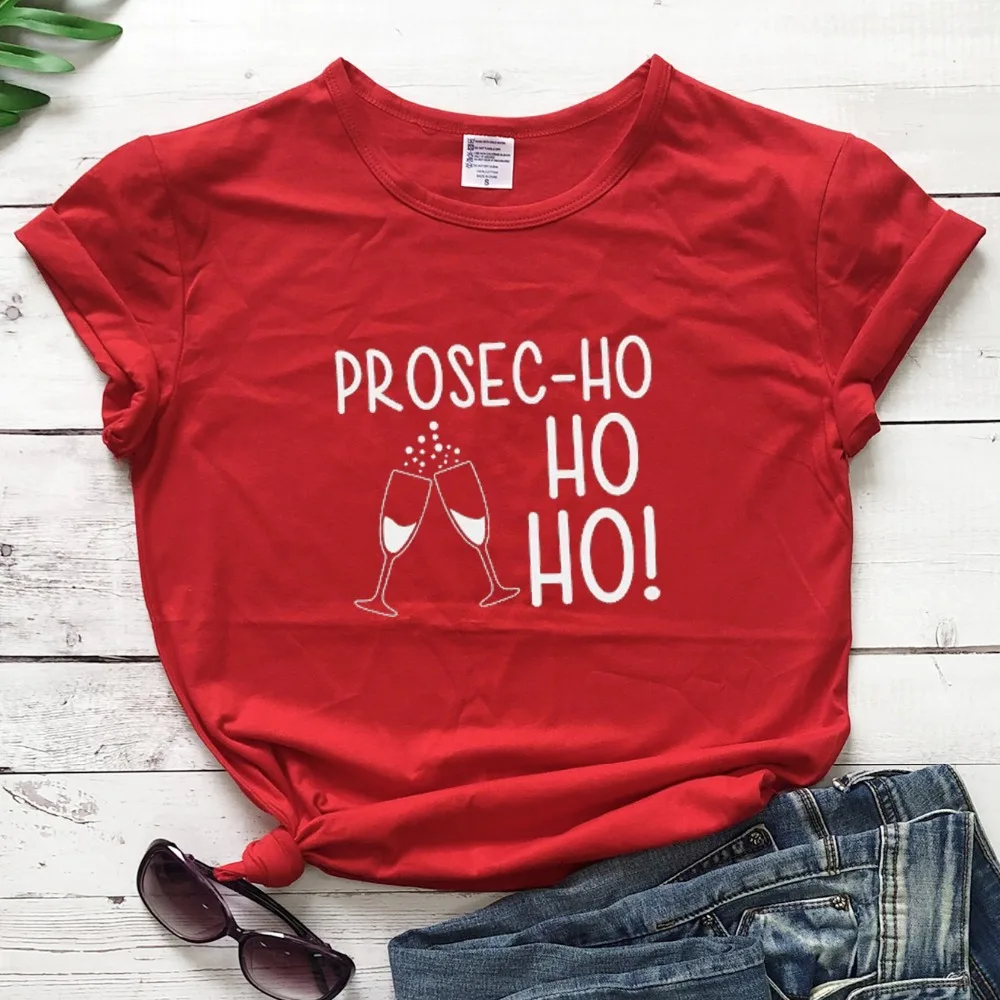 

Prosec HO HO HO! Christmas T-Shirt Funny Casual Short Sleeve Merry Christmas Wine Cheers Holiday Tee Tumblr Aesthetic Cotton Top