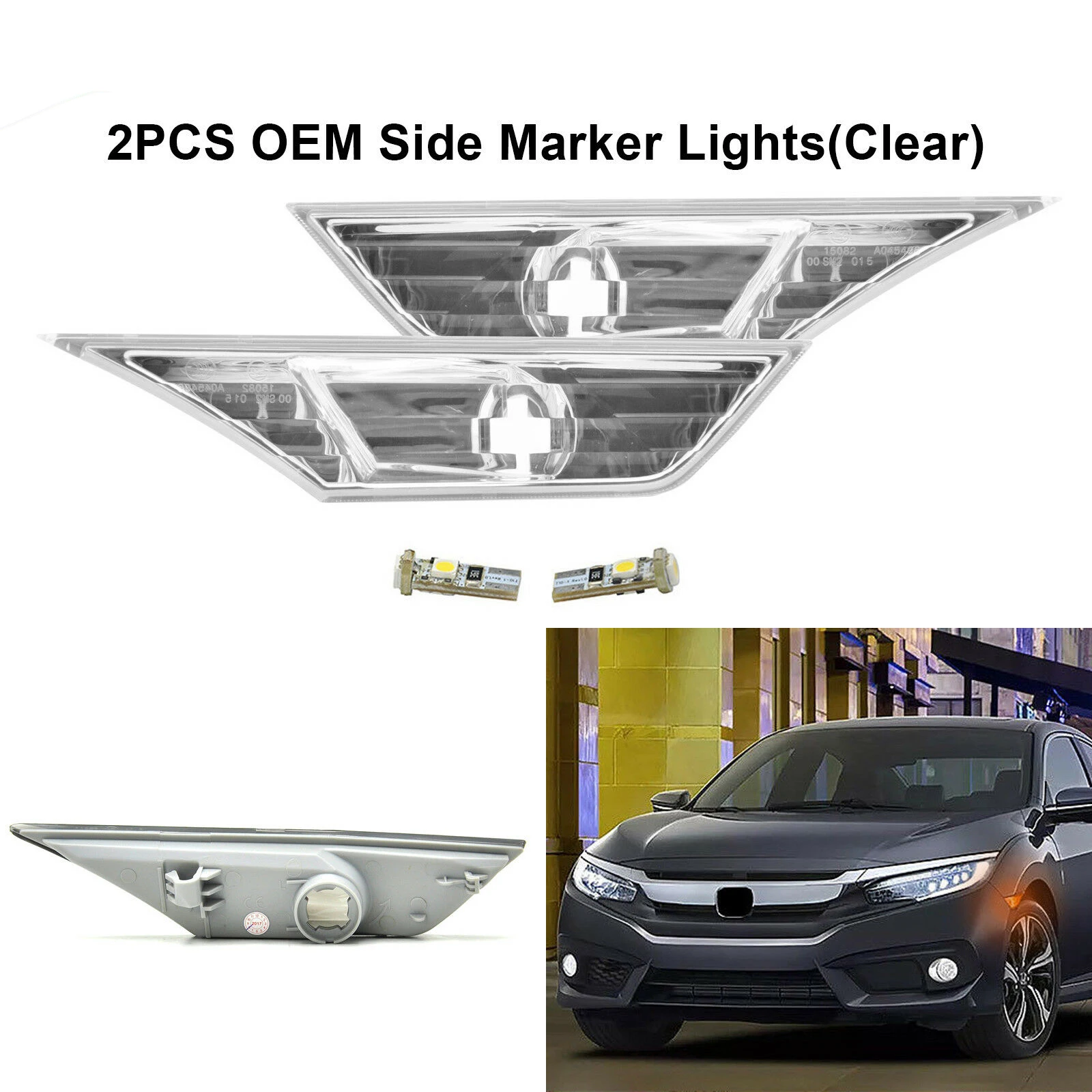 2pcs Side Marker Signal Lights Marker Lamp Lens with T10 LED Bulbs For Honda For Civic 2016 2017 2018 (American version)
2pcs Side Marker Signal Lights Marker Lamp Lens with T10 LED Bulbs For Honda For Civic 2016 2017 2018 (American version)