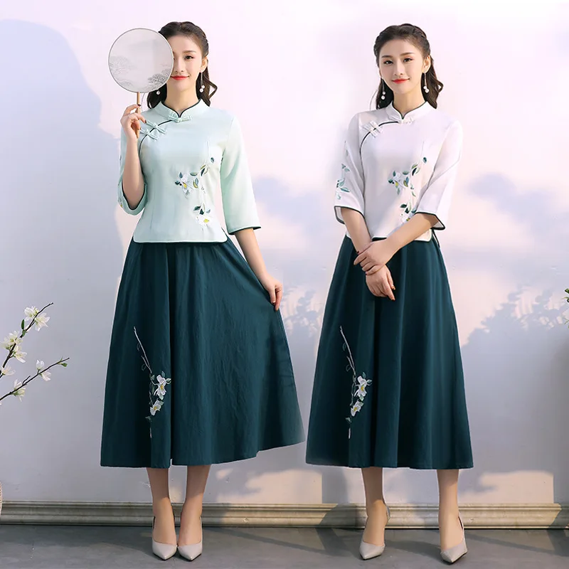 

2019 New Style Photo Shoot Chinese-style Improved Chinese Clothing Tea Service Cotton Linen Waist Hugging Embroidery Flowers Swe