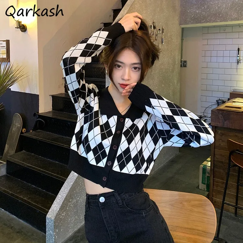 

Cropped Cardigan Women Argyle Preppy Retro College Fashion Knitwear Korean Style Cozy Slim Spring Teens Mujer Ins Leisure Soft