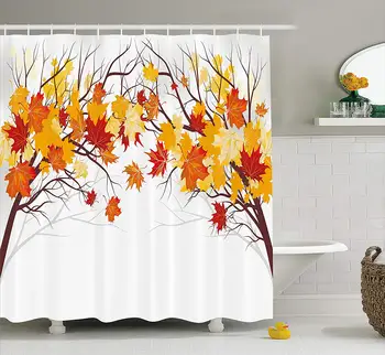 Fall Decorations Shower Curtain Image of Canadian Maple Leaves in Fall with Soft Reflection Effects Fabric Bathroom Decor Set
