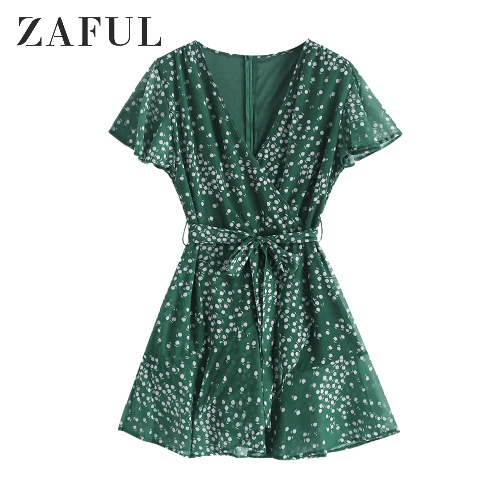 

ZAFUL Ruffles Tiny Floral Belted Surplice Dress A Line Vintage V-Neck Mini Dress Short Sleeves Women High Waist Dress 2019