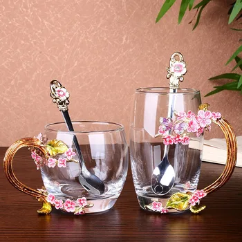 Enamel Coffee Cup Mug Flower Tea Drinking Glass Cups With Handle For Hot And Cold Drinks With Cap Pad And Wipe Cloth For Gifts