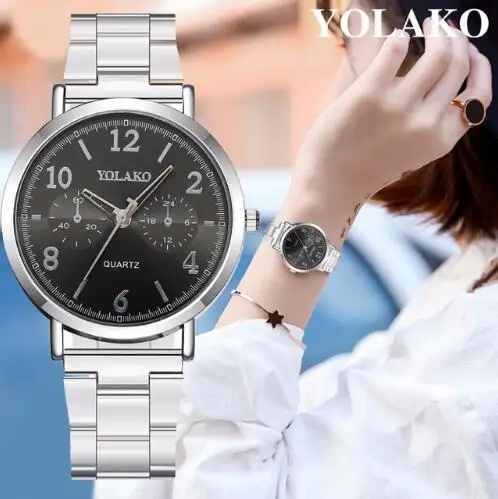 Фото Женские Аналоговые кварцевые часы YOLAKO модные наручные из нержавеющей стали
