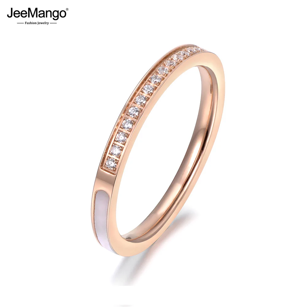 JeeMango Stainless Steel Delicate Rings 1/4 Pave Setting Rhinestones & 3/4 Shell Surround Rose Gold Color Ring Best Gift JR18134 |