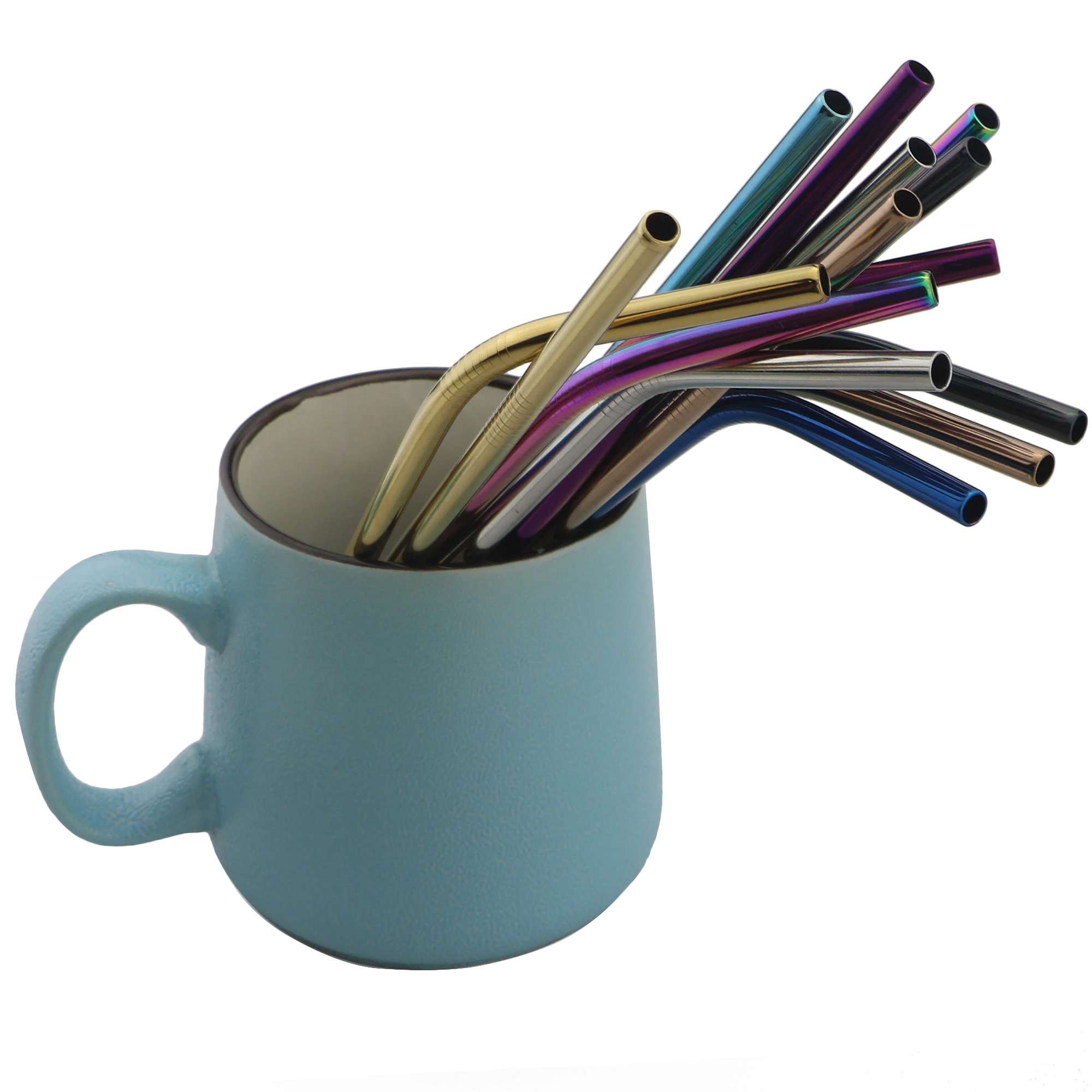 Description Picture 3 of item8Pcs Reusable Straw Set Rainbow Black Drinking Straw High Quality 304 Stainless Steel Metal Straw with Cleaner Brush Wholesale