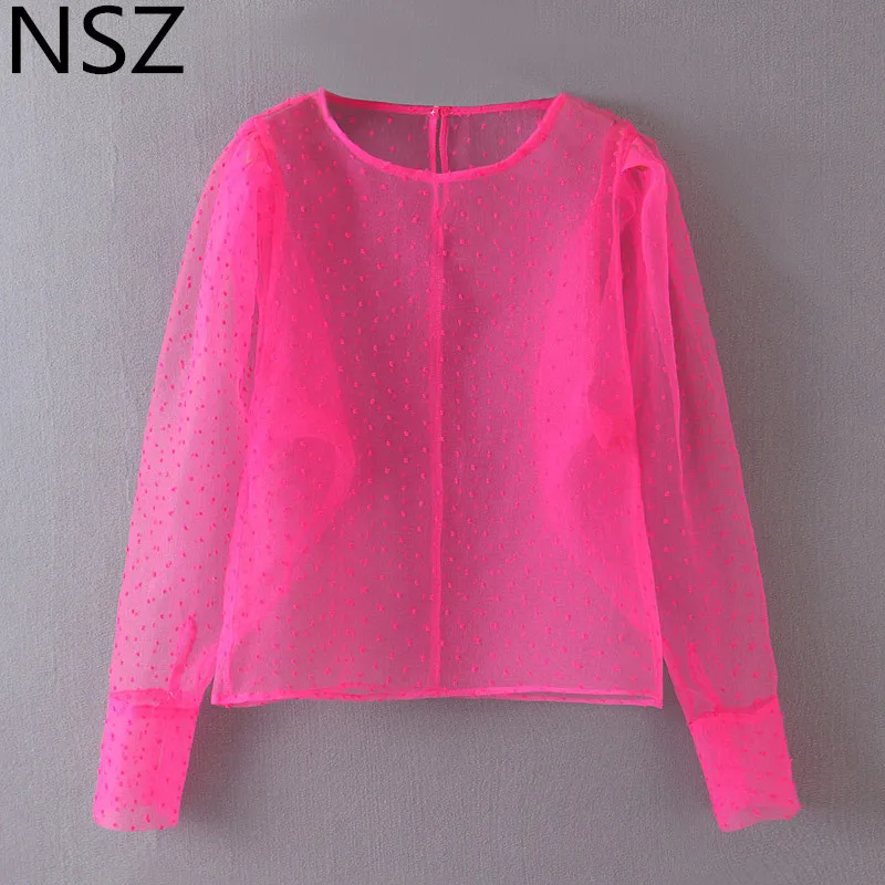 

NSZ Women Polka Dot Transparent Organza Blouse Sheer Top See Through Shirt Round Collar Chic Cropped Top camisas mujer blusas