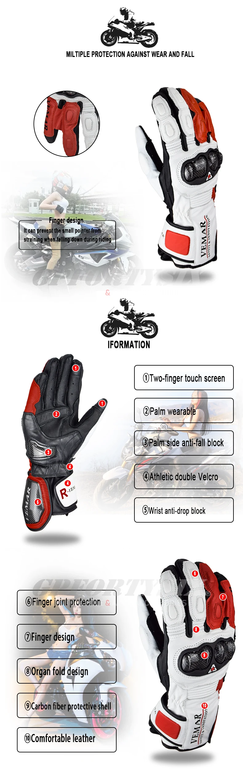 Generic Retro Cowhide Goat Leather Gloves Motorcycle Long Gloves Winter Touch Screen