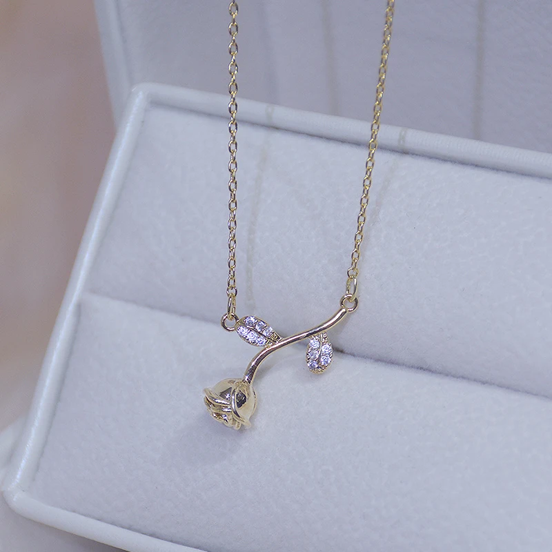 14k Real Gold Romantic Exquisite Rose Short Necklace for Femme AAA Bling Zirconia Choker Kolye Feminia Colar Jewelry Pendant | Украшения и