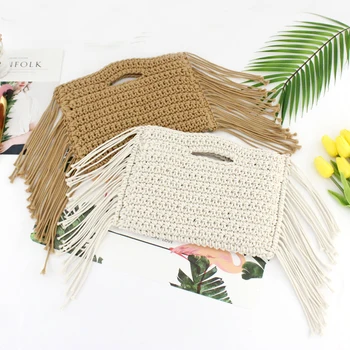 

Tassels hand held Handmade Cotton Rope Hollow Out Woven Fringe Bag Trend Women's woven Handbag Straw Bag For Ladies