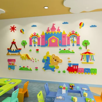 

Kindergarten construction area wall decoration 3D three-dimensional acrylic playground layout cartoon large castle wall paste