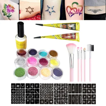 Waterproof Temporary Tattoo Body Paints Set with Glitter Powder Tattoo Cone Stencils Glue Brushes for Party Halloween Carnivals
Waterproof Temporary Tattoo Body Paints Set with Glitter Powder Tattoo Cone Stencils Glue Brushes for Party Halloween Carnivals