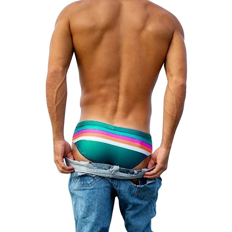 2020 Mens Triangular Swimwear Low Rise Sexy Pouch Male Swimming Briefs Board Stripe Shorts Swimsuit Man Surf Swim Beach Shorts