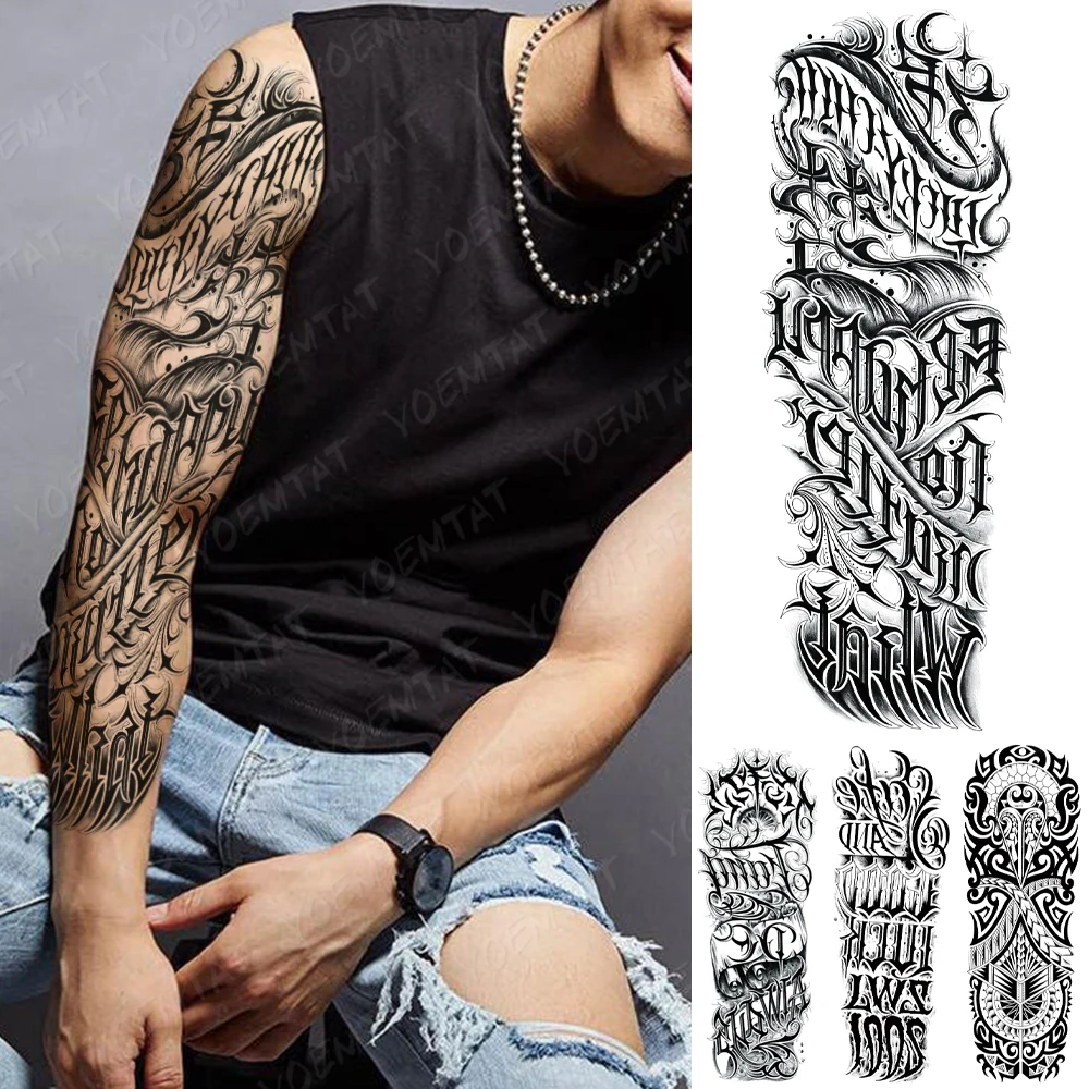 

Large Arm Sleeve Tattoo Black Word Text Totem Waterproof Temporary Tatoo Sticker English Letters Men Full Skull Body Art Tatto