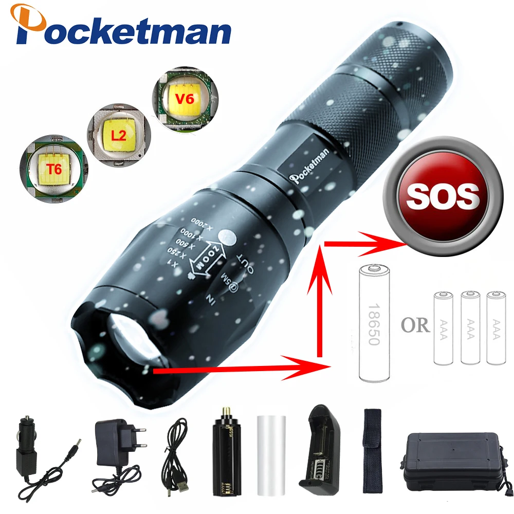 Super powerful Led flashlight 5000LM Ultra Torch T6/L2/V6 chargeable Camping lights Zoomable Bicycle Light use 18650 battery
Super powerful Led flashlight 5000LM Ultra Torch T6/L2/V6 chargeable Camping lights Zoomable Bicycle Light use 18650 battery