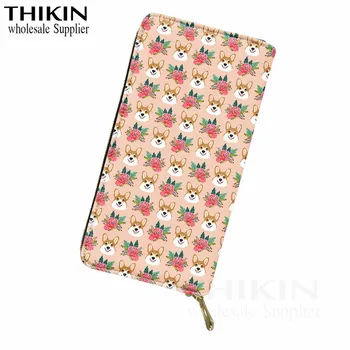 

THIKIN Cute Corgi Flower Print Women PU Wallet Phone Purses Lady Cards Holder Fashion Girls Long Clutch with Coin Purse Custom