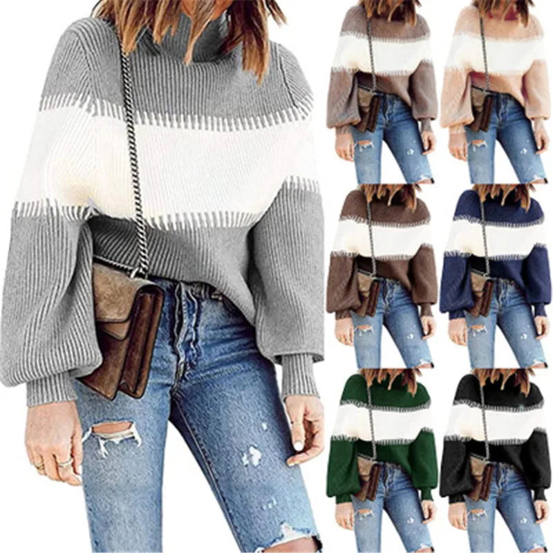 

High Neckline Color Block Casual Loose Regular Shift Lantern Sleeve Sweaters Women Fall 2020