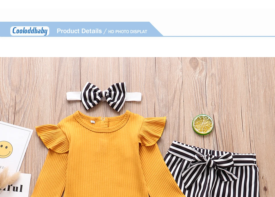 Newborn Baby Girl Clothes Set Fashion Autumn Long Sleeve Solid Color Romper Tops Stripe Pants Headband Infant Clothing Outfits