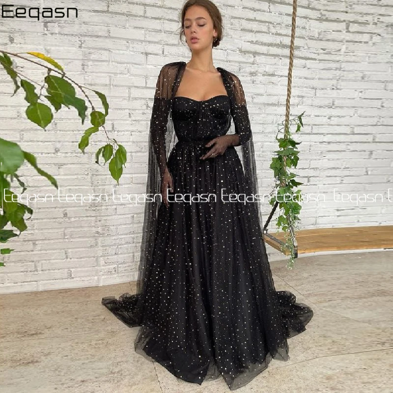 Black Starry Tulle Evening Dresses Elegant Prom Dresses Long with Cape A Line Women Formal Party Gown for Wedding
Black Starry Tulle Evening Dresses Elegant Prom Dresses Long with Cape A Line Women Formal Party Gown for Wedding
