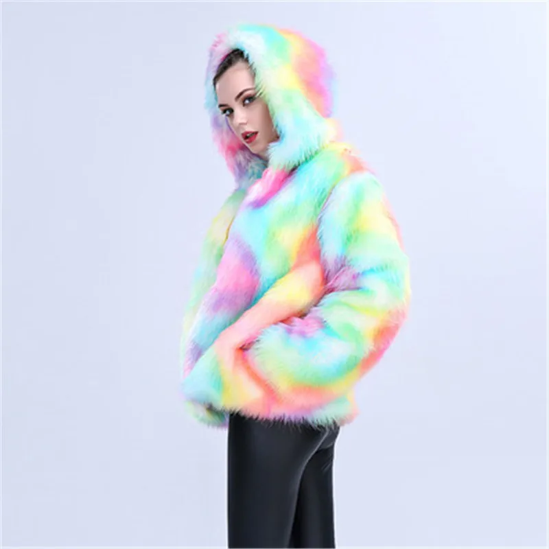 Women Winter Warm Rainbow Fluffy Faux Fur Coat Fashion Jacket Cardigan Outerwear Hoodies Shaggy 660 | Женская одежда