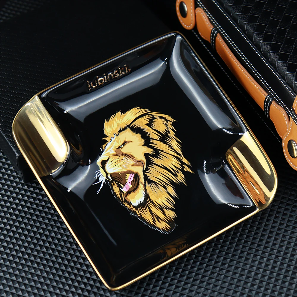 

LUBINSKI 2021 NEW Luxury Ceramic Cigar Ashtray Large Capacity 2 Slot Cigar Ashtray Home Lion Pattern Cigar Holder Ashtray CA-045