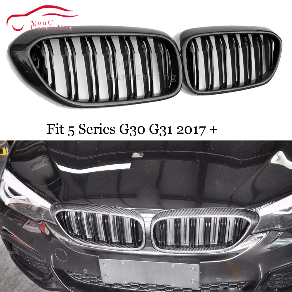 

Carbon Fiber 2-Slat Front Bumper Kidney Grille Mesh For BMW 5 Series G30 G31 F90 M5 2017 + 530i 540i M550i Gloss Black Grill