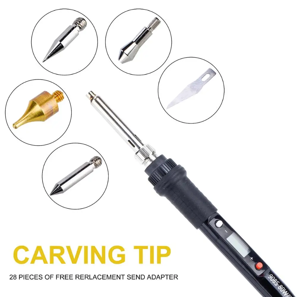 JCD 908S 80W Electric Wood Burning Soldering Iron Carving Pyrography Wooden Tool Set Embossing Soldering Pencil Welding Tips Kit
JCD 908S 80W Electric Wood Burning Soldering Iron Carving Pyrography Wooden Tool Set Embossing Soldering Pencil Welding Tips Kit