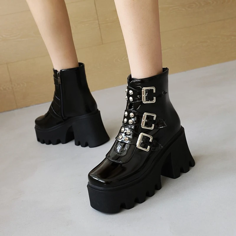 

QPLYXCO Botas De Mujer 2021 Patent Leather Winter Warm Ankel Boots for Women Platform Thick Heels Zip Fashion Punk Shoes C83-1