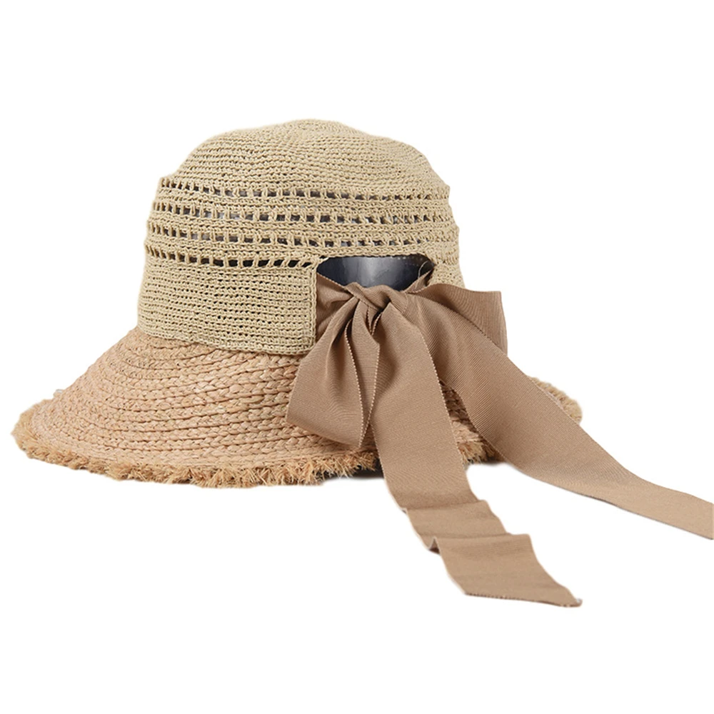 Straw Bow Raffia Summer Hat Wide Brim Bucket Cap Beach Women Hat