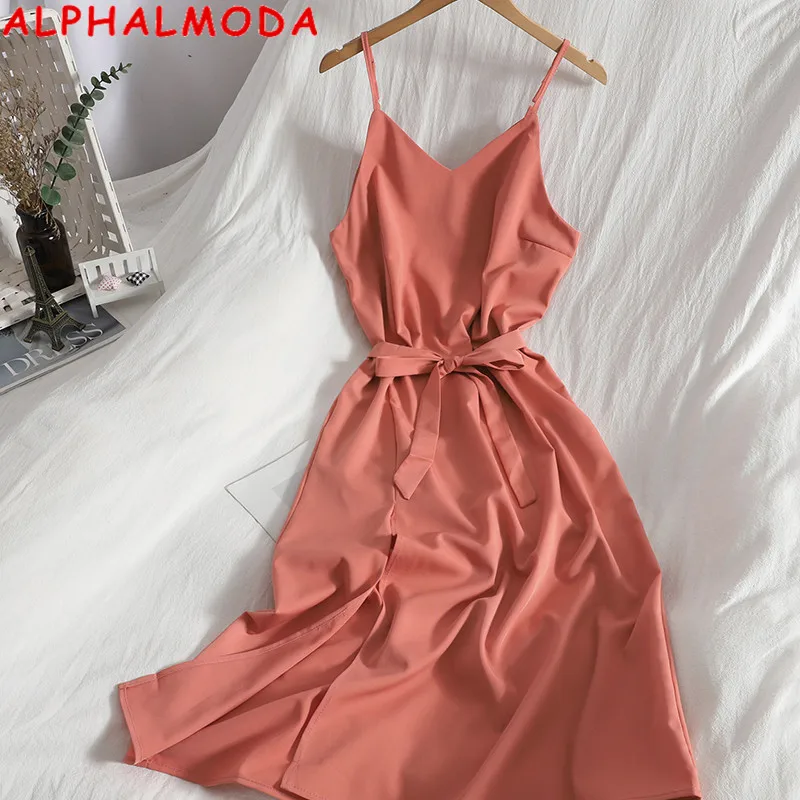 

ALPHALMODA V-neck Split Suspender Dress Solid Color Sling Sundress Sashes Casual Holiday Beach Chiffon Dress