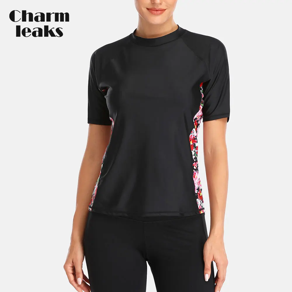 Charmleaks Women Short Sleeve Rashguard Swimsuit Floral Print Running Shirt Biking Surfing Top Swimwear Rash Guard UPF 50+ | Спорт и