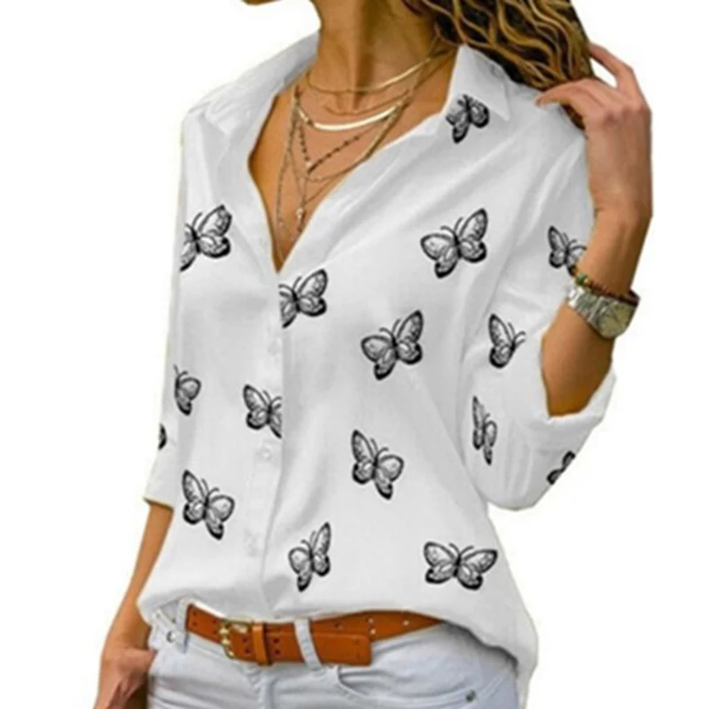 

2024 Fashion Butterfly Print Women Blouses Long Sleeve Turn-down Collar Blouse Shirt Casual Tee Tops Elegant Work Shirt