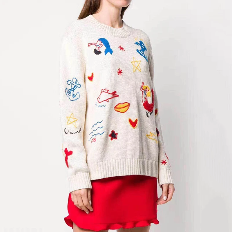 Women White Sweater 2019 Fall Winter Star Sea Mermaid Pattern Embroidery Knitted Sweater Women Crew Neck Loose Pullover Sweaters
Women White Sweater 2019 Fall Winter Star Sea Mermaid Pattern Embroidery Knitted Sweater Women Crew Neck Loose Pullover Sweaters
