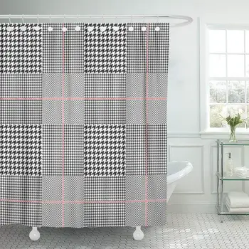 

Prince of Wales Check in Black and White Red Bathroom Decor Shower Curtain Sets with Hooks Polyester Fabric Great Gift