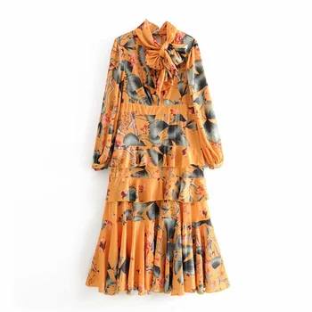 Spring 2020 women's new style bubble long sleeve scarf bow collar slight bright pattern pleated woven long dress
Spring 2020 women's new style bubble long sleeve scarf bow collar slight bright pattern pleated woven long dress