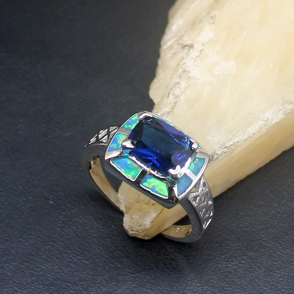 

Hermosa Genuine Blue Opal Sapphire New Arrival 925 Silver Band Ring Wedding Engagement Gifts for Women Size 7.5# 20214334