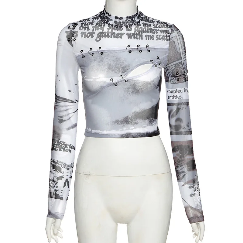 Women’s Casual Long-sleeved T-shirt Y2K Aesthetic Chic Tops Print Half High Collar Hollow Exposed Navel Slim Fit Gothic Top Women’s Casual Long-sleeved T-shirt Y2K Aesthetic Chic Tops Print Half High Collar Hollow Exposed Navel Slim Fit Gothic Top