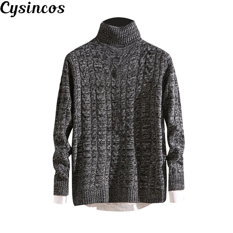 

CYSINCOS 2019 Winter Warm Turtleneck Sweater Fashion Cable Knitted Double Collar Slim Pullover Thick Slim Fit Mens Sweaters
