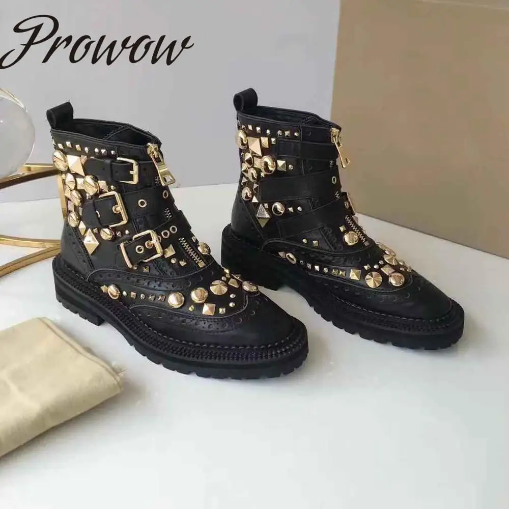 Prowow New Genuine Leather Buckle Strap Punk Boots Round Toe Low Heel Metal Stuuded Ankle Autumn Winter Boots
Prowow New Genuine Leather Buckle Strap Punk Boots Round Toe Low Heel Metal Stuuded Ankle Autumn Winter Boots