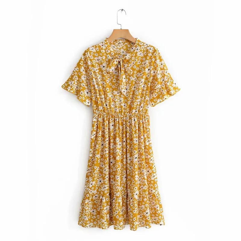 QZ075 Euro Design Yellow Floral Print Ribbon Bow Knot Short Sleeve Elastic Waist Dress Summer Cool Chiffon Vestidos
QZ075 Euro Design Yellow Floral Print Ribbon Bow Knot Short Sleeve Elastic Waist Dress Summer Cool Chiffon Vestidos