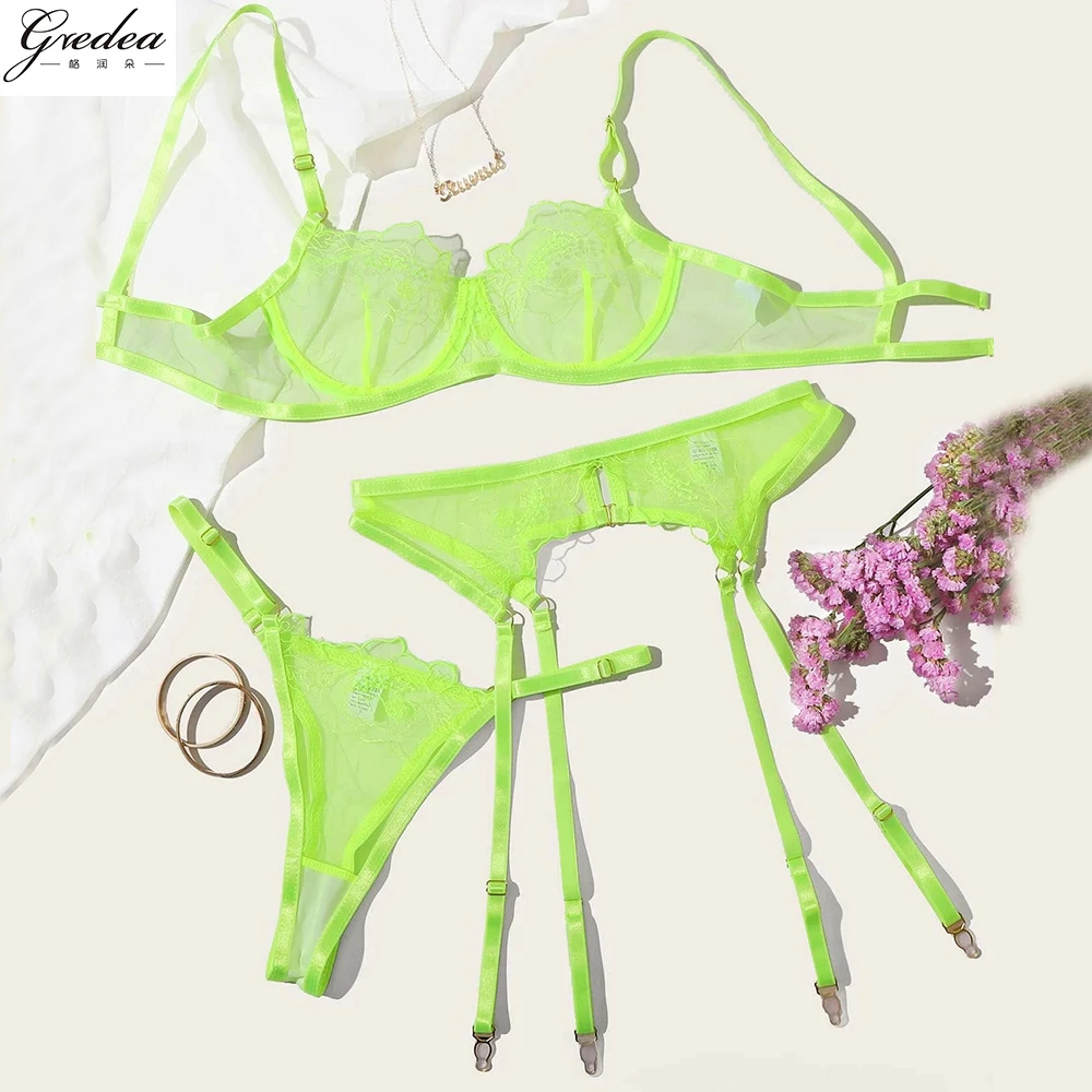 

Sexy Summer Thin Fluorescent Green Women's Erotic Lingerie Mesh See-through Underwear Underwire Gathered Bra Thong Garter Set