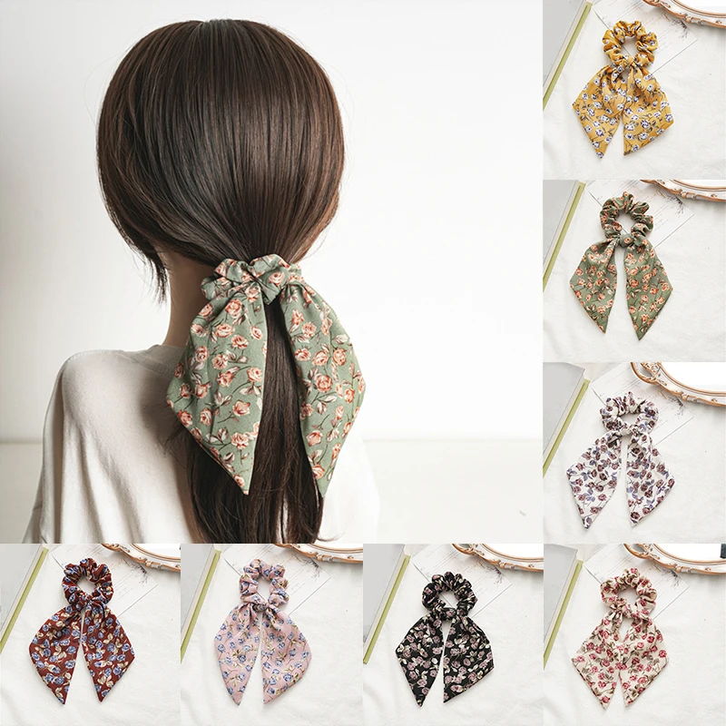 1Pcs Knotted Hair Rope Ties Scarf Korean Scrunchies Long Ribbon Floral Print Big Rose Flower Accessories |